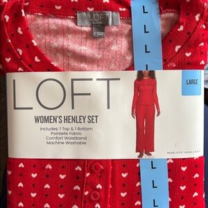 🤍LOFT Women’s Knit Henley Pajama Set Red with White Hearts, Elastic Waist